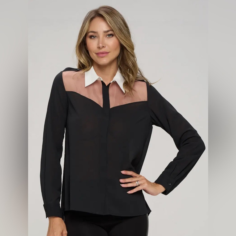 Black and White Sheer Panel Women's Top